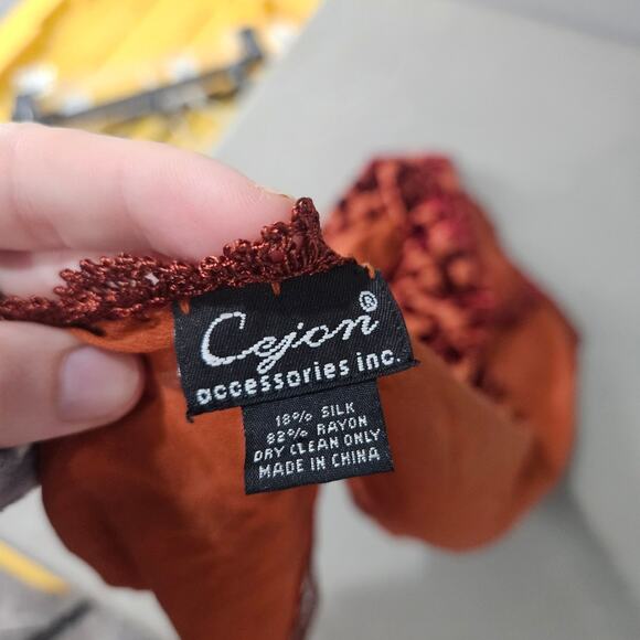 Burnout Velvet Silk Orange Floral Boho Gypsy Indie Y2K Romantic Lace Trim Scarf - Picture 3 of 6